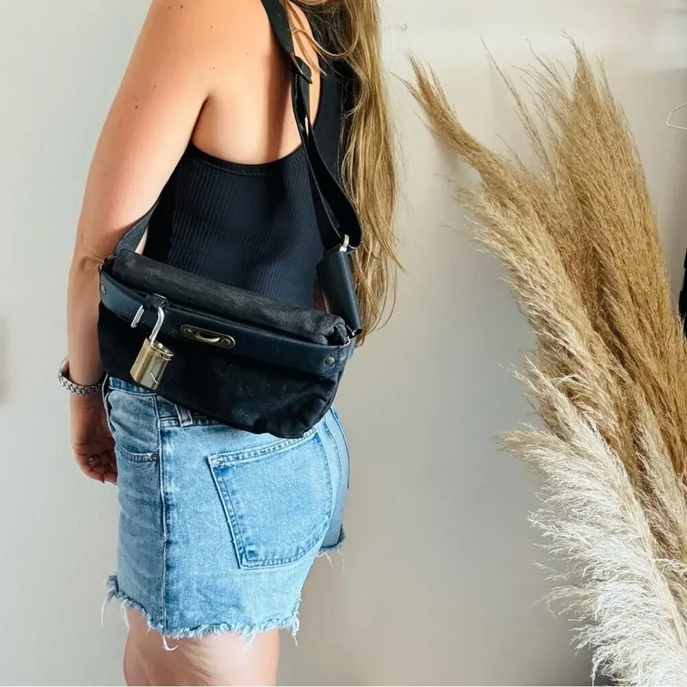 LOCTOTE Washed Black Padlock Crossbody Hip Bum Bag Travel Purse Zip Pockets